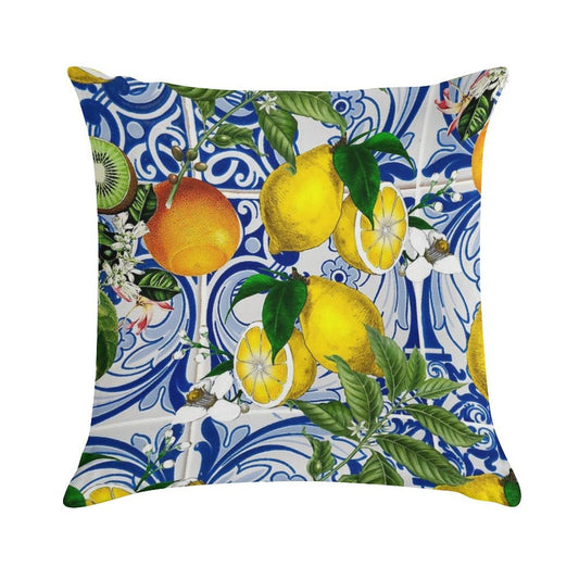 Mediterranean Lemon on Blue Ceramic Tiles Soft Washable Throw Pillow