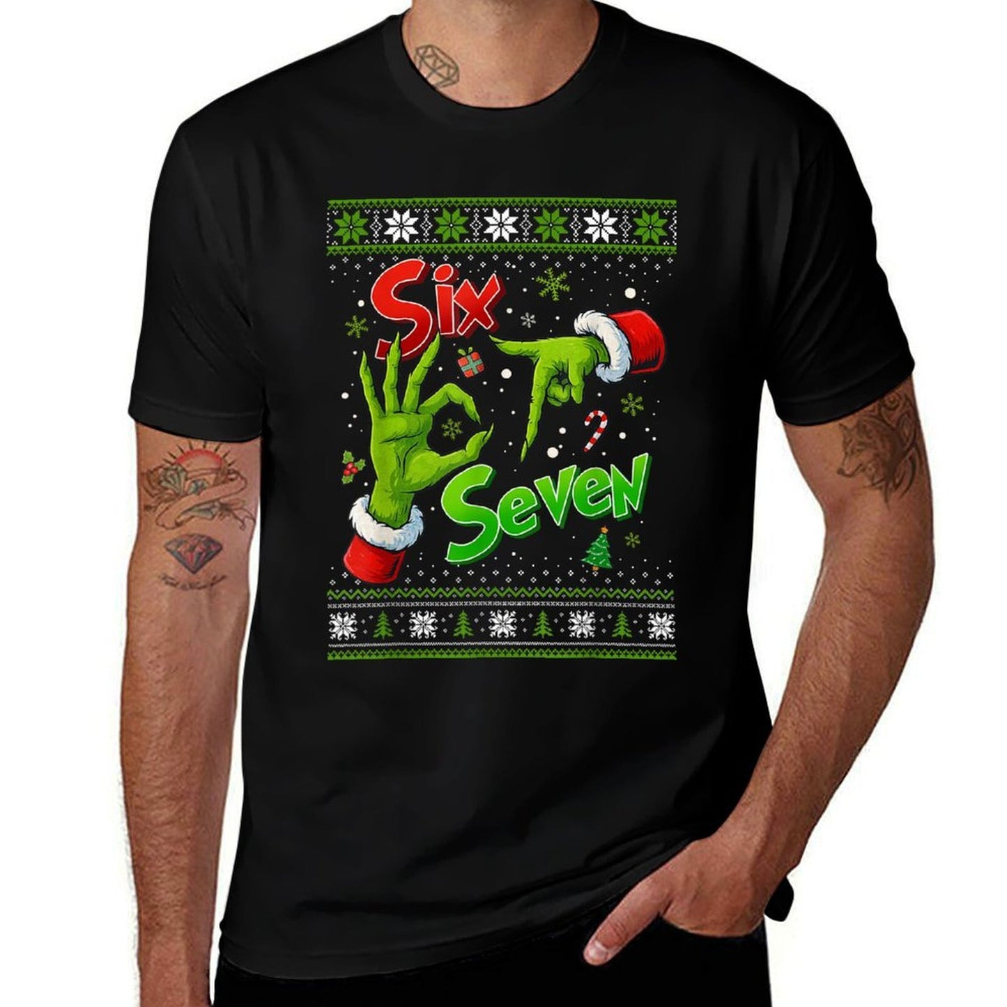 Funny 67 Christmas Pajamas Six Seven Meme Brainrot  Rolled Sleeves T-Shirt