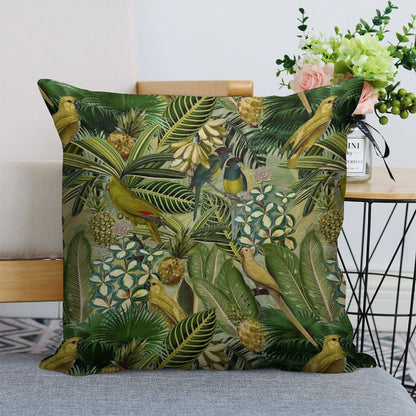 Vintage Green Tropical Bird Jungle Botanical Night Garden Nightgarden Linen Throw Pillow Cover