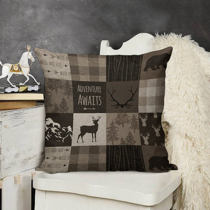 Adventure Patchwork - BrownBeige Linen Throw Pillow Cover