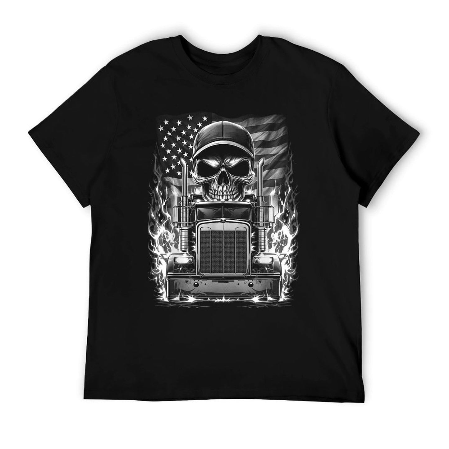 Trucker Patriotic American Flag Semi Truck Driver Skull T-Shirt