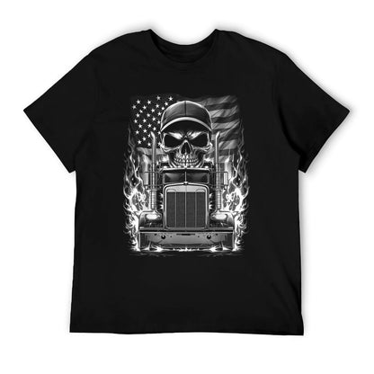 Trucker Patriotic American Flag Semi Truck Driver Skull T-Shirt