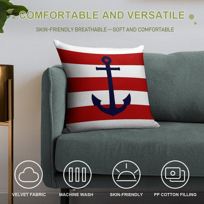 Nautical Navy Blue Anchor On Red Stripes Soft Decorative Cover Throw Pillow