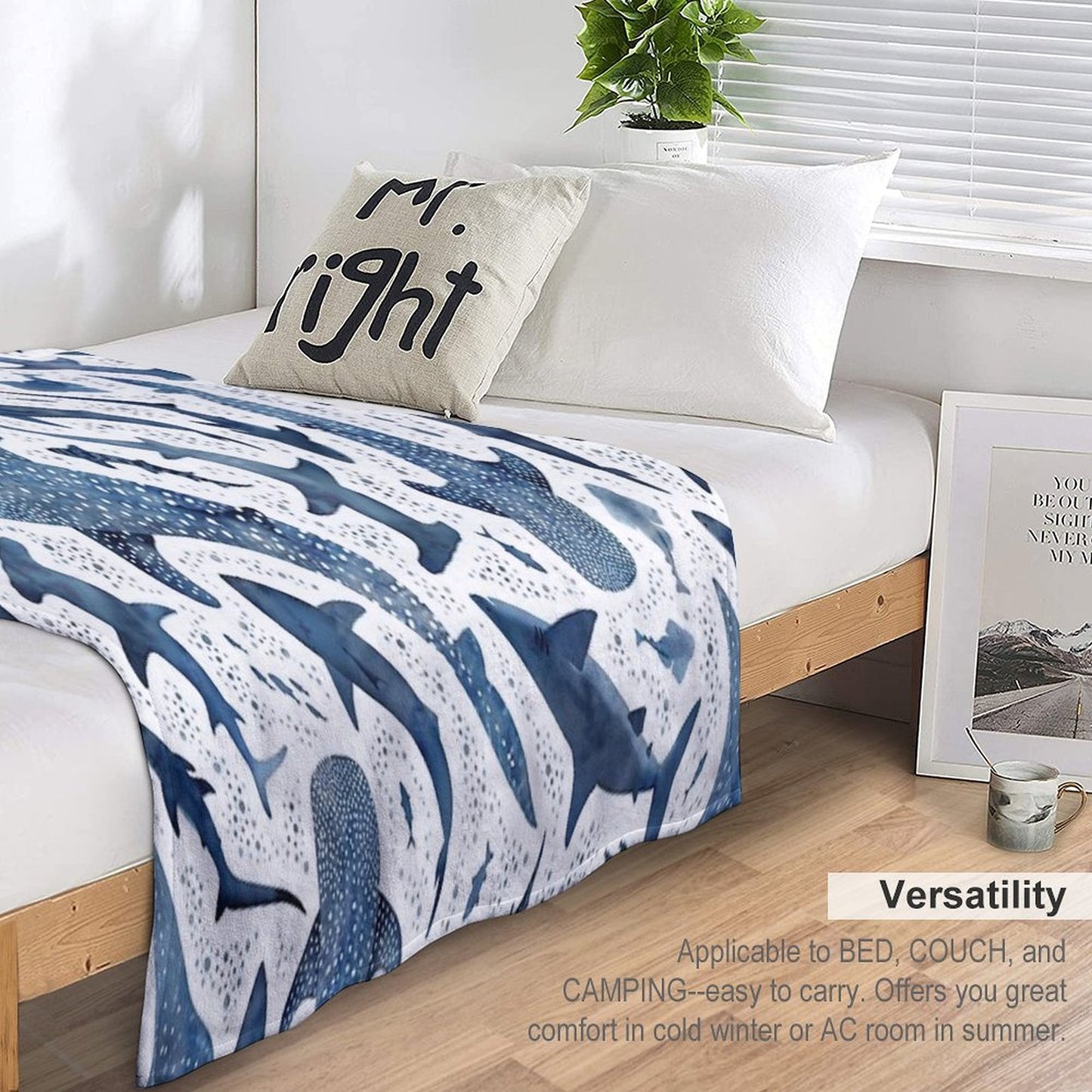 Monochrome Blue Watercolour Shark Ocean on White Throw Blanket