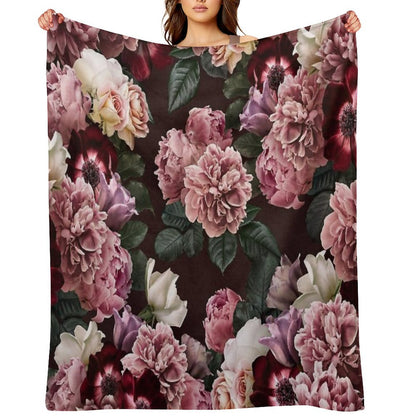 Vintage Bouquets of Pink Lush Peonies, Purple Tulips, Roses And Dark Red Anemones. Throw Blanket