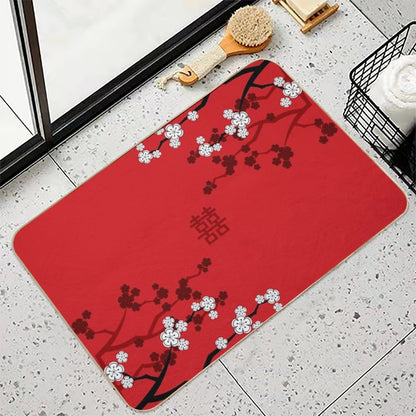 White Oriental Cherry Blossoms on Red And Chinese Wedding Double Happiness  Japanese Sakura © Fatfatin Bath Mat