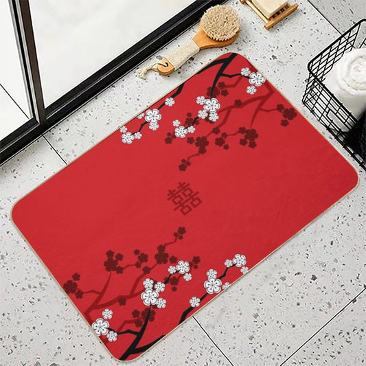 White Oriental Cherry Blossoms on Red And Chinese Wedding Double Happiness  Japanese Sakura © Fatfatin Bath Mat