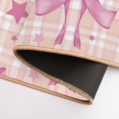 Pink Plaid, Bows And Stars Bath Mat