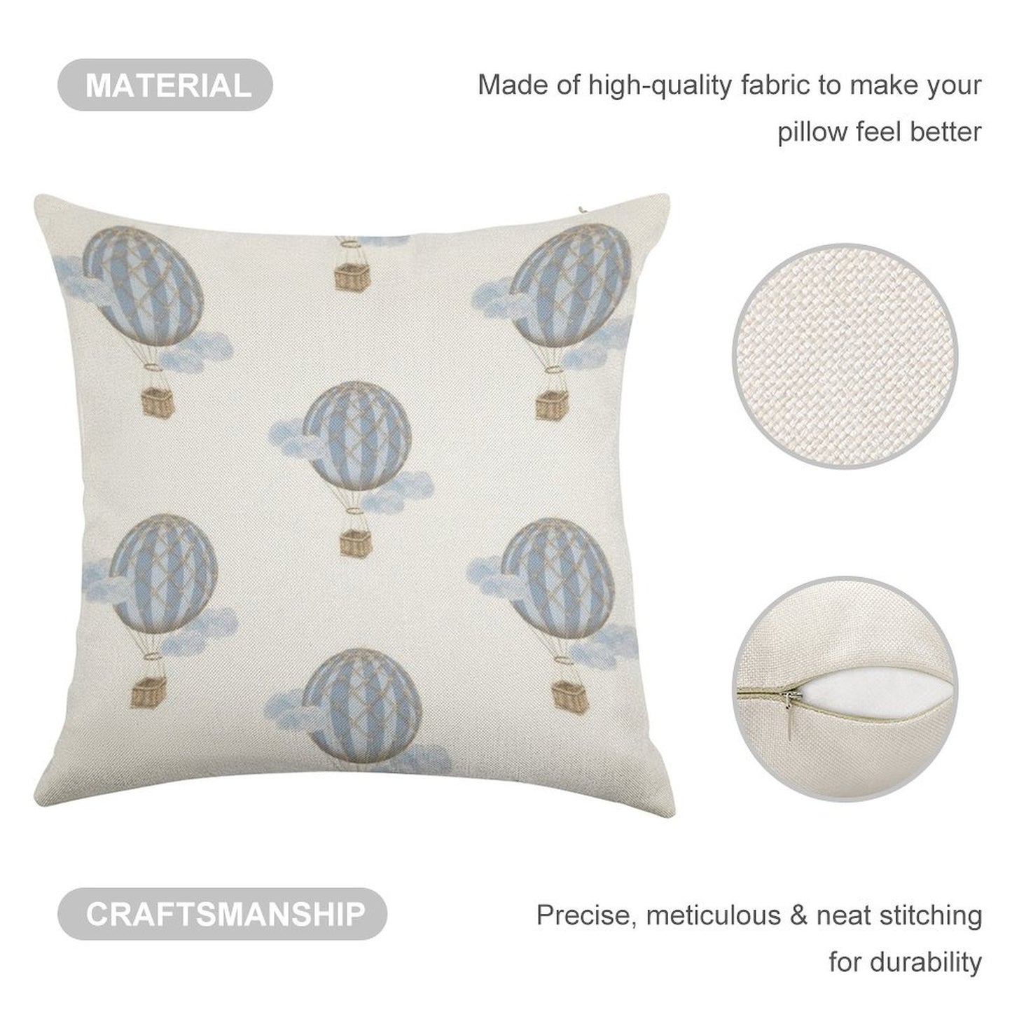 Blue Vintage Hot Air Balloon Linen Throw Pillow Cover