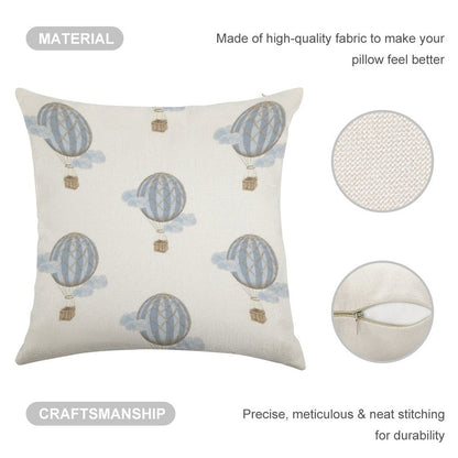 Blue Vintage Hot Air Balloon Linen Throw Pillow Cover