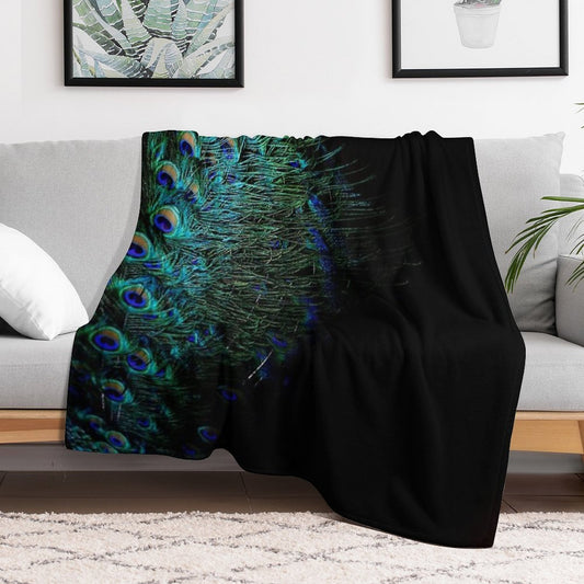 Peacock Feathers on A Black Background Throw Blanket