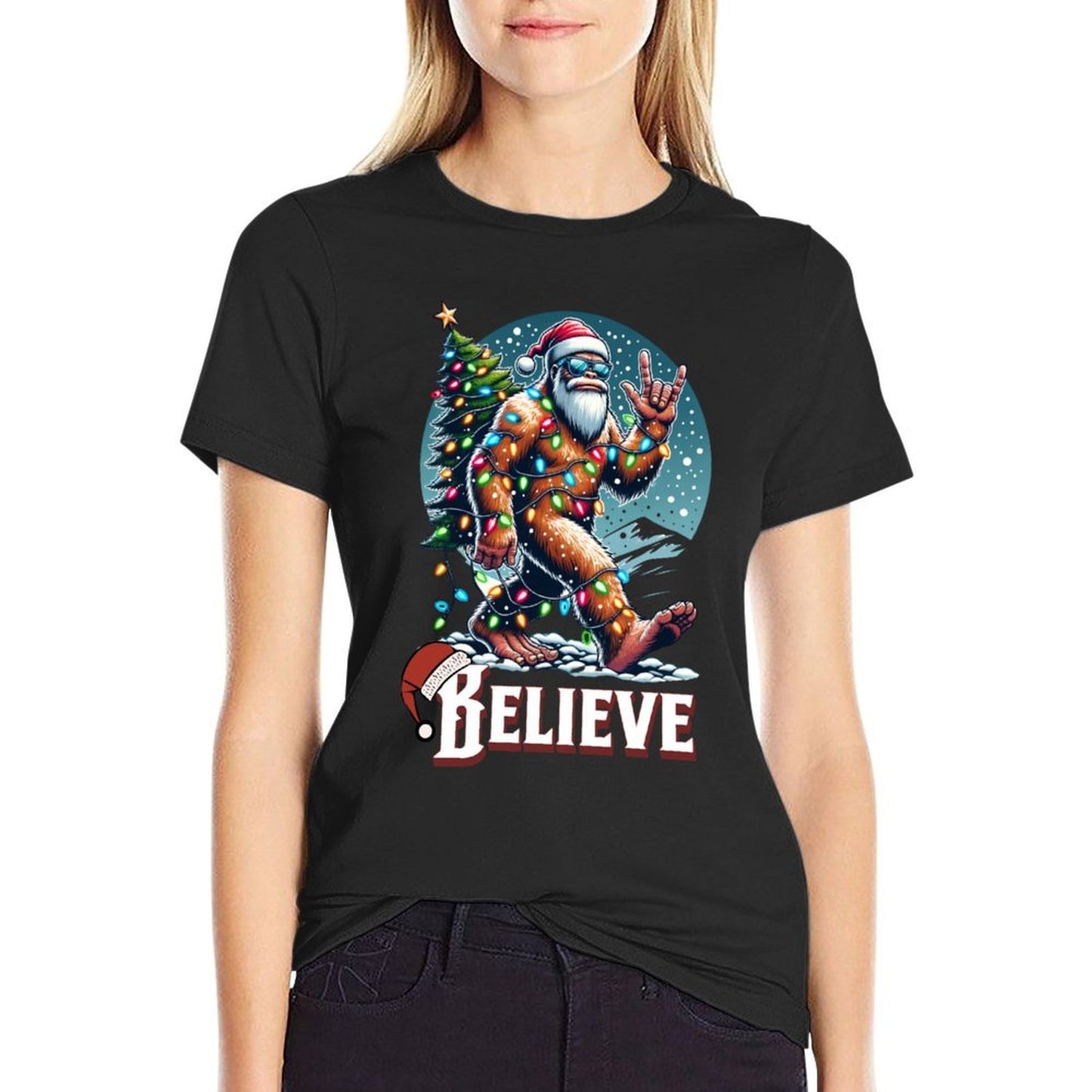 Santa Bigfoot Christmas Lights Funny Sasquatch Believe Xmas  Wrinkle-resistant T-Shirt