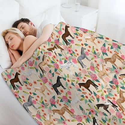 Horses Floral Horse Breeds Farm Animal Pets Throw Blanket