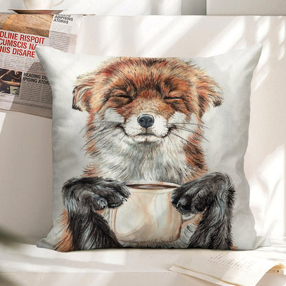 Morning Fox - Cute Coffee Animal Linen Throw Pillow Cover