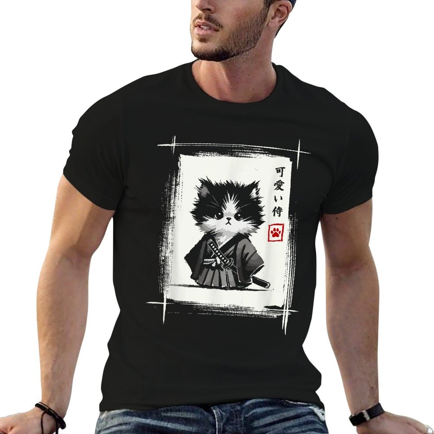 Samurai Cat Japanese Art Sumi-e Novelty Kawaii Funny Cat  Graphic-printed T-Shirt