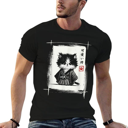 Samurai Cat Japanese Art Sumi-e Novelty Kawaii Funny Cat  Graphic-printed T-Shirt