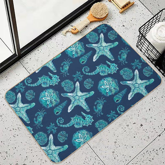 Watercolor Shells And Sea Creatures - Original Collection-on Navy Blue  Long-Lasting Bath Mat