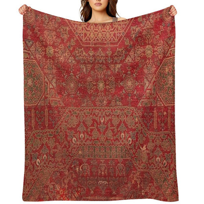 Bohemian Medallion II  15th Century Old Distressed Red Green Colorful Ornate Accent Rug Pattern Throw Blanket
