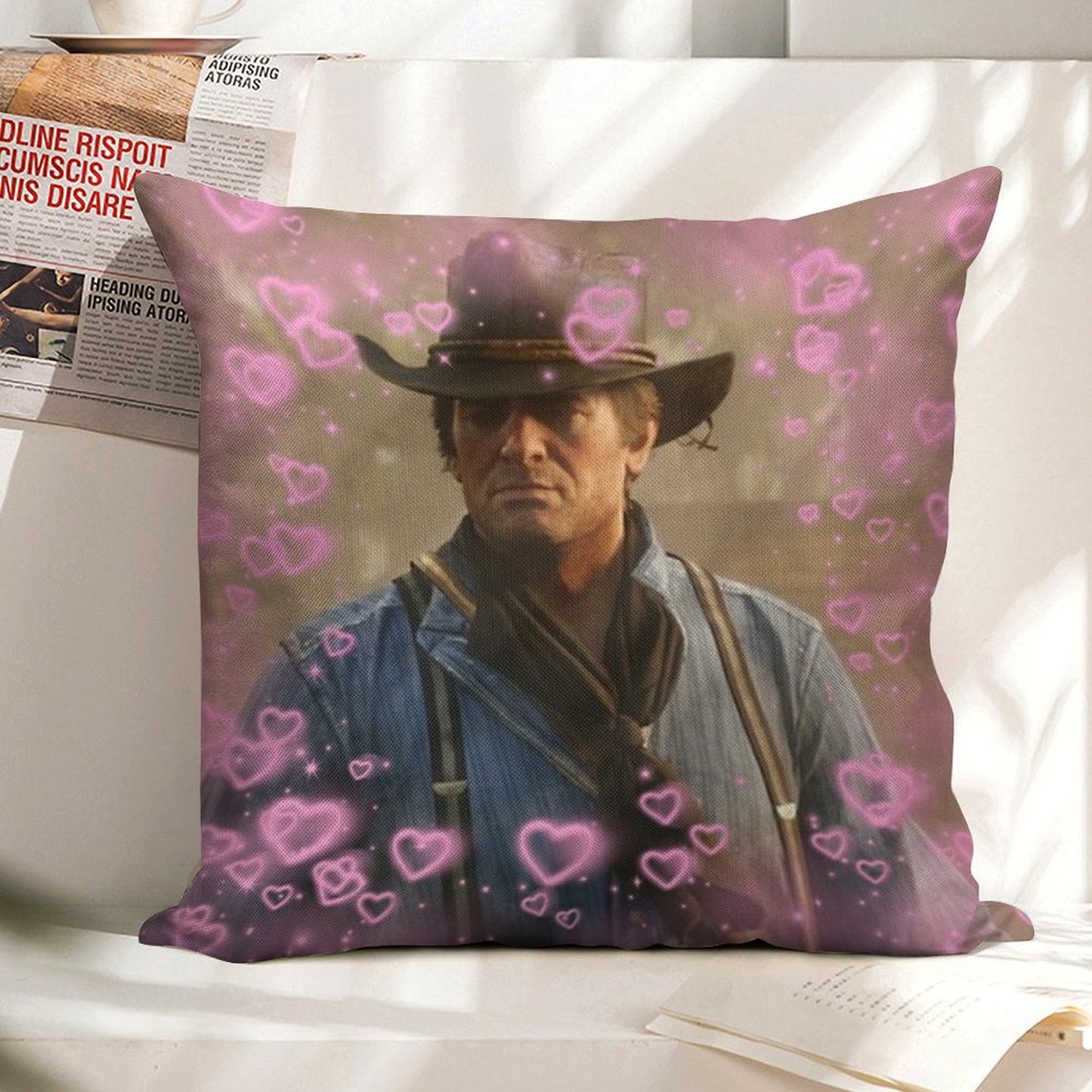 Arthur Morgan Hearts Linen Throw Pillow Cover