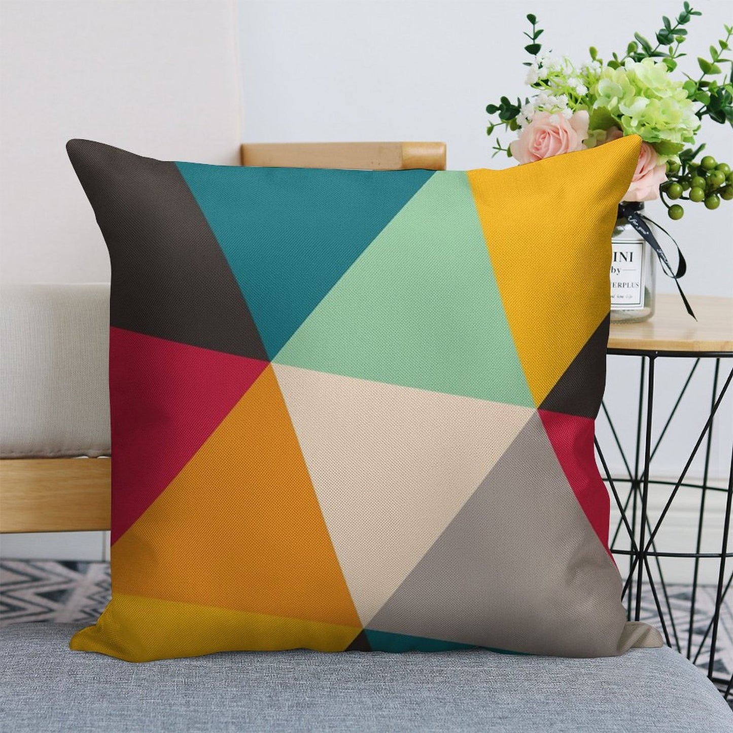 Colourful Geometric Triangles Linen Throw Pillow Cover