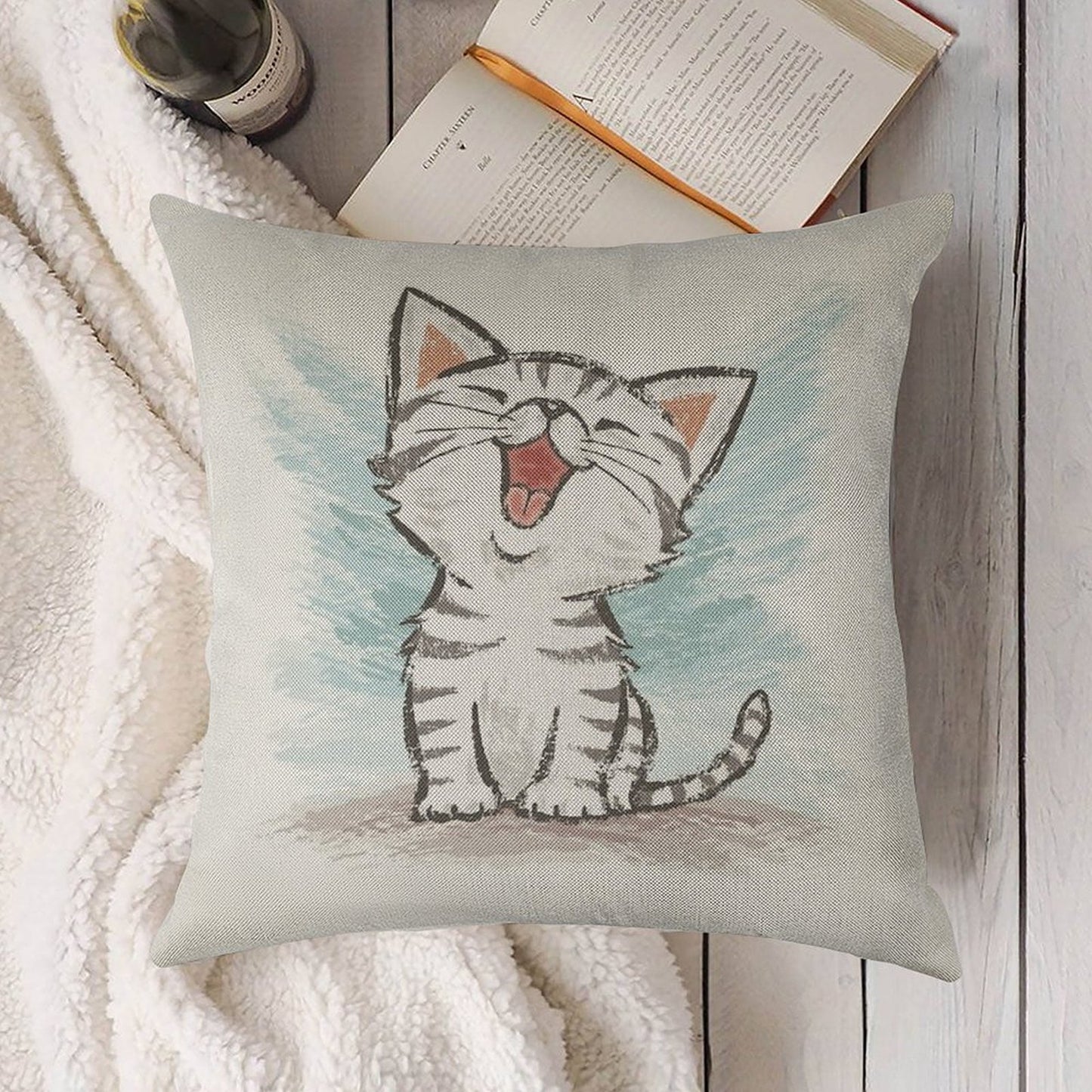 American Shorthair Happy Linen Throw Pillow Cover