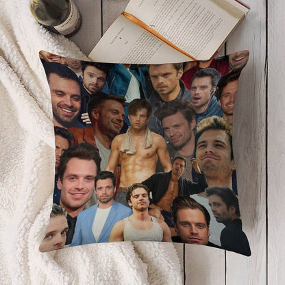 Sebastian Stan Photo Collage Linen Throw Pillow Cover