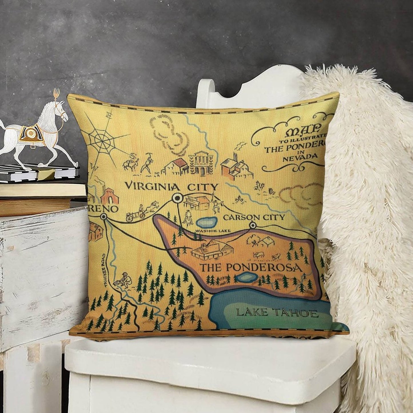 Map of The Ponderosa from 'Bonanza' Linen Throw Pillow Cover