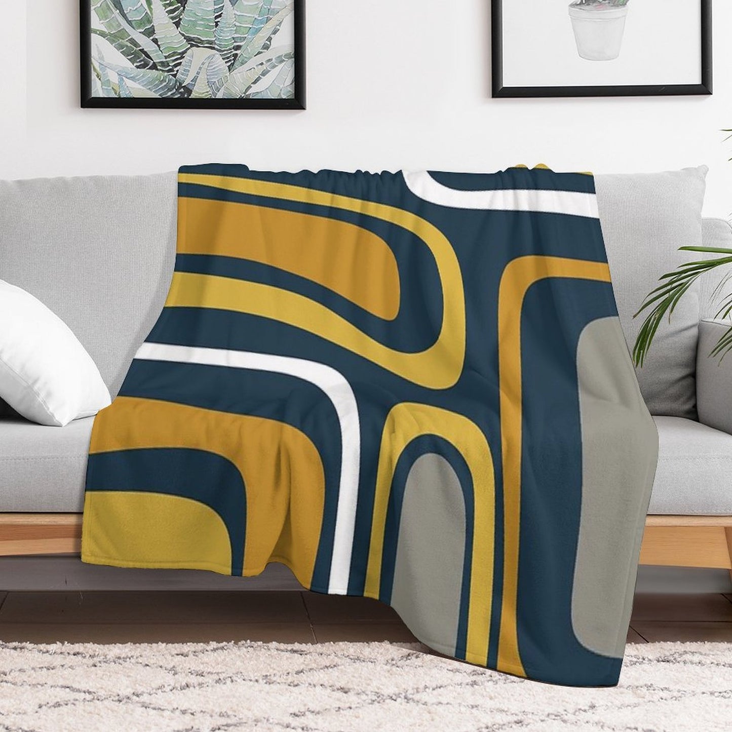 Palm Springs Mid-Century Modern Abstract Pattern in Light And Dark Mustard, Gray, And White on Navy Blue Throw Blanket