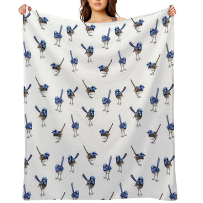 Blue Wrens, Scattered on White Throw Blanket