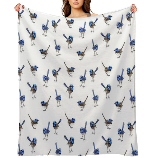 Blue Wrens, Scattered on White Throw Blanket