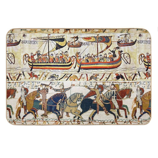 THE BAYEUX TAPESTRY ,BATTLE OF HASTINGS ,NORMAN KNIGHTS HORSEBACK, ARCHERS AND VIKING SHIPS Bath Mat