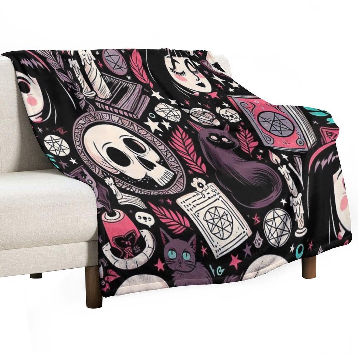 Neo-Gothic Wicca Skulls, Cats, And Ancient Spellbooks in An Intricate Pattern Throw Blanket