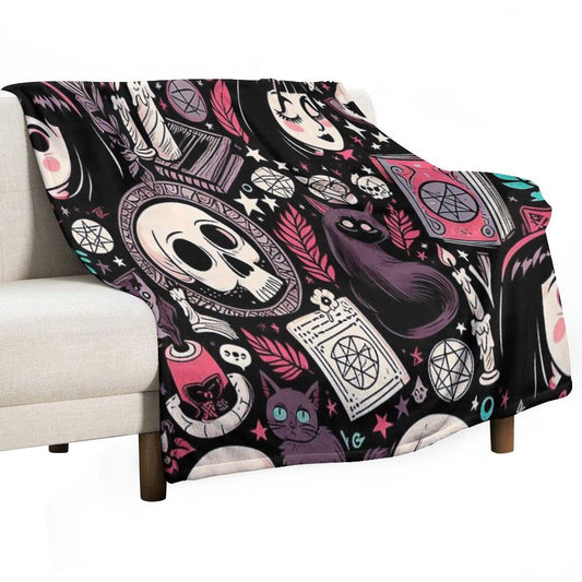 Neo-Gothic Wicca Skulls, Cats, And Ancient Spellbooks in An Intricate Pattern Throw Blanket