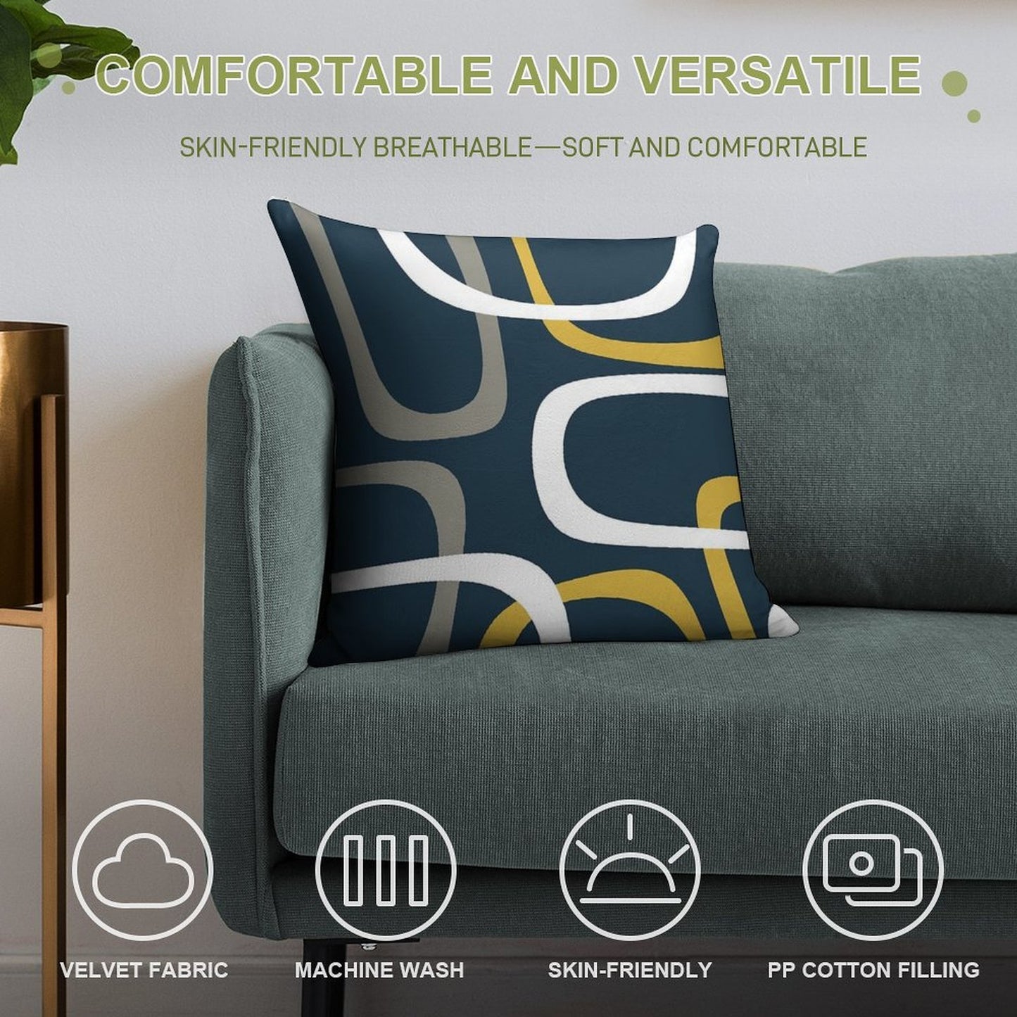 Midcentury Modern Loops Retro Pattern in Light Mustard, Grey, White, And Navy Blue Soft Anti-Pilling Throw Pillow