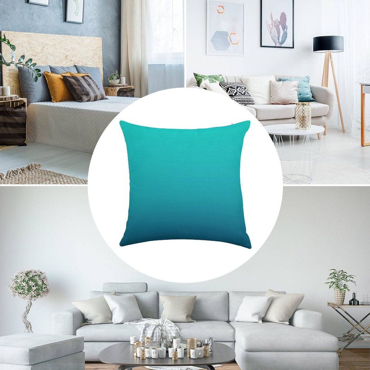 Preppy Summer Beach Teal Blue Turquoise Ombre Linen Throw Pillow Cover