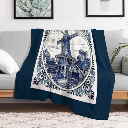 DUTCH BLUE DELFT  Vintage Windmill  Print Throw Blanket