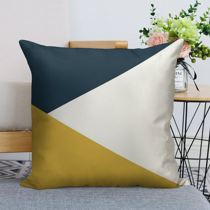Angled Color Block in Navy Blue, Light Mustard Yellow, And White Linen Throw Pillow Cover