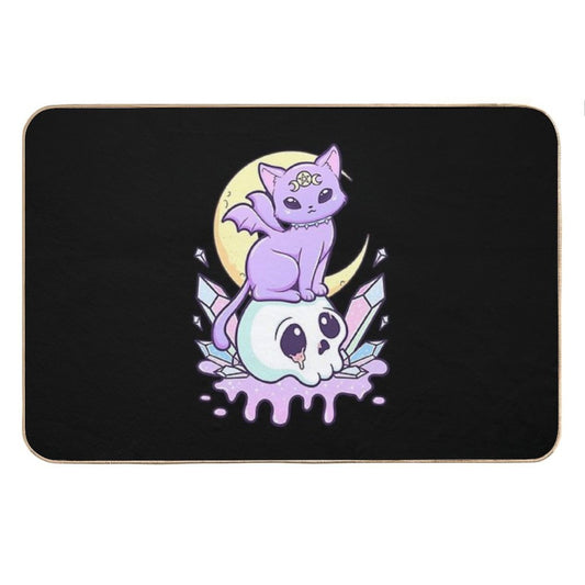 Kawaii Pastel Goth Cute Creepy Occult Cat And Skull Bath Mat
