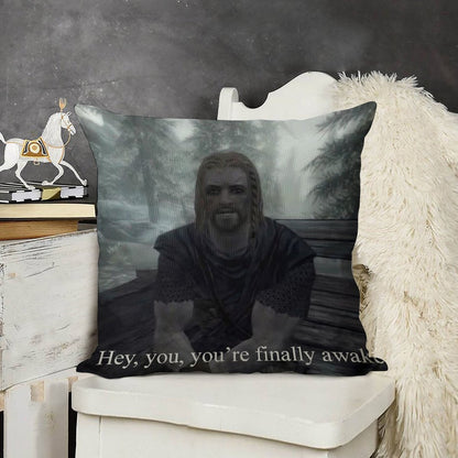 Hey You’re Finally Awake Linen Throw Pillow Cover