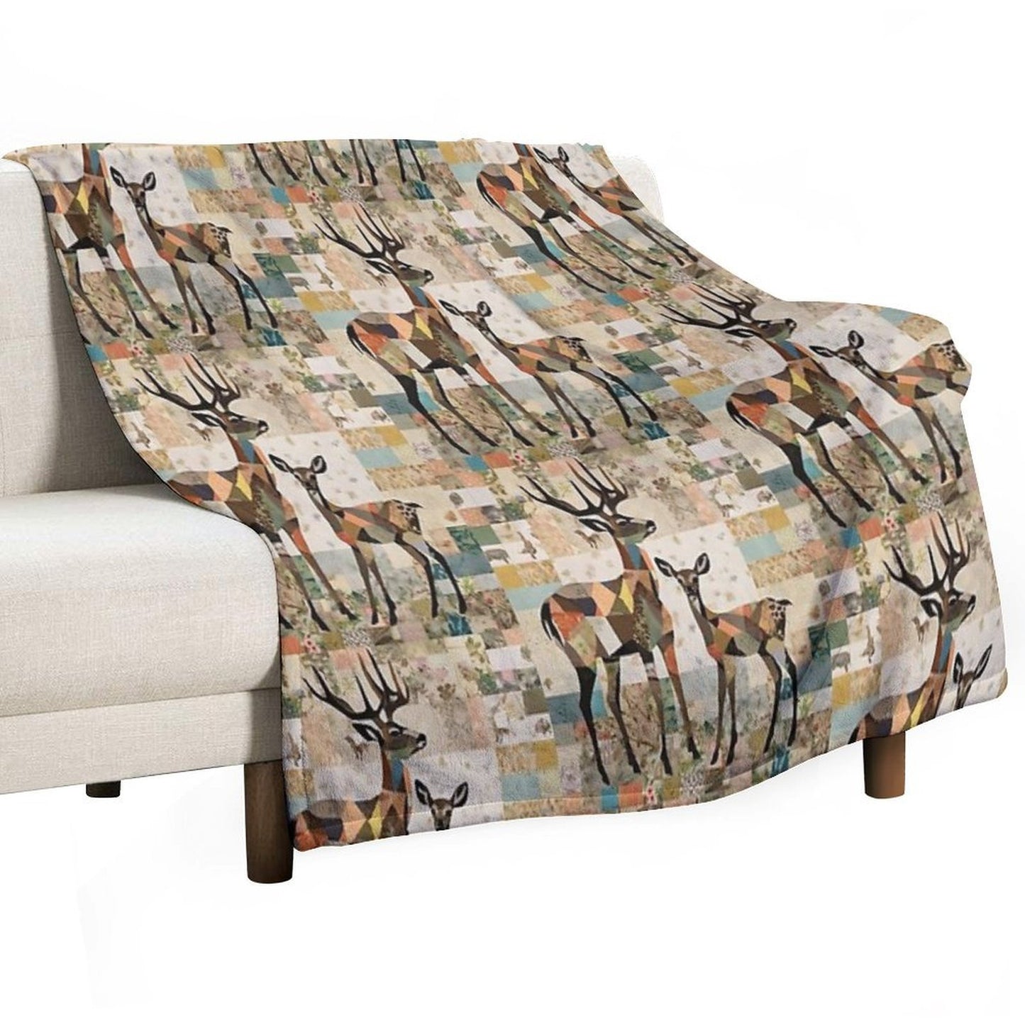 Patchwork Collage Deer with Deer, Art Color Illustration Throw Blanket