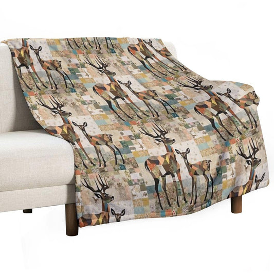 Patchwork Collage Deer with Deer, Art Color Illustration Throw Blanket
