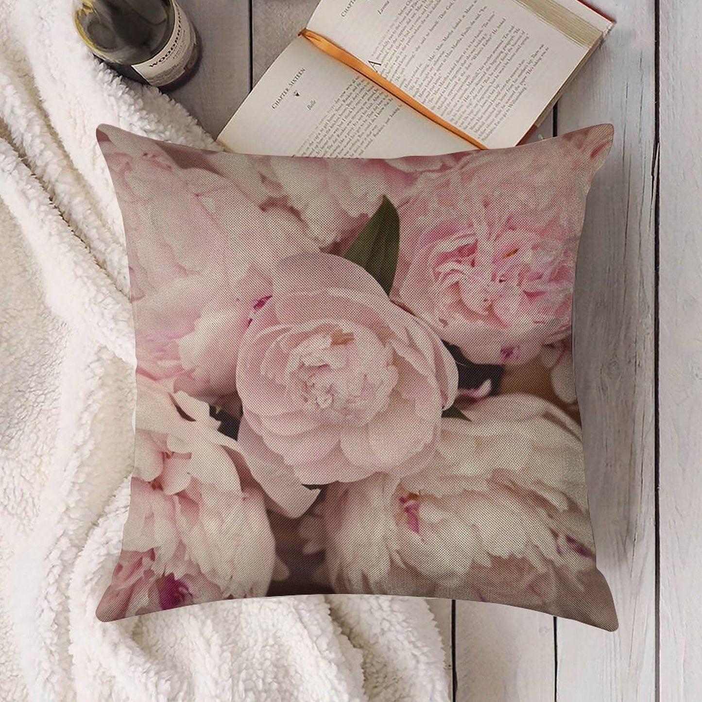 Pink Peony Flowers Linen Throw Pillow Cover