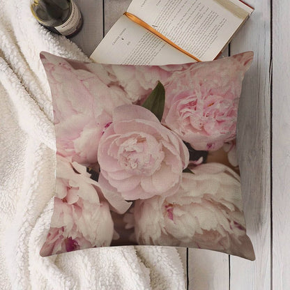 Pink Peony Flowers Linen Throw Pillow Cover