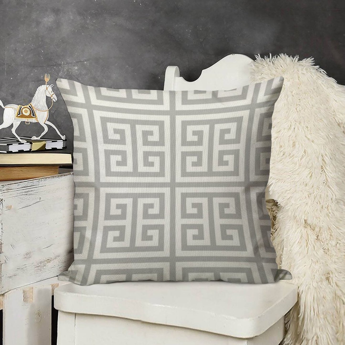 Greek Key Silver Gray And White Pattern Linen Throw Pillow Cover