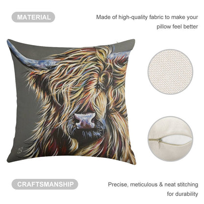 Beau The Colourful Highland Cow Linen Throw Pillow Cover