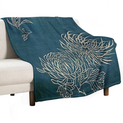 Japanese Textile Blue And White Lotus Flower Throw Blanket
