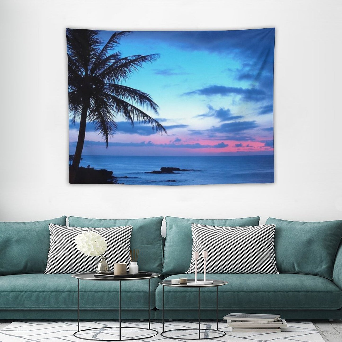 Tropical Island Pretty Pink Blue Sunset Landscape Tapestry