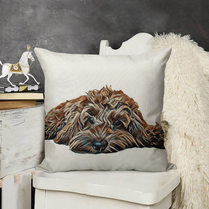 ChocolateBrown Cockapoo - White Background Linen Throw Pillow Cover