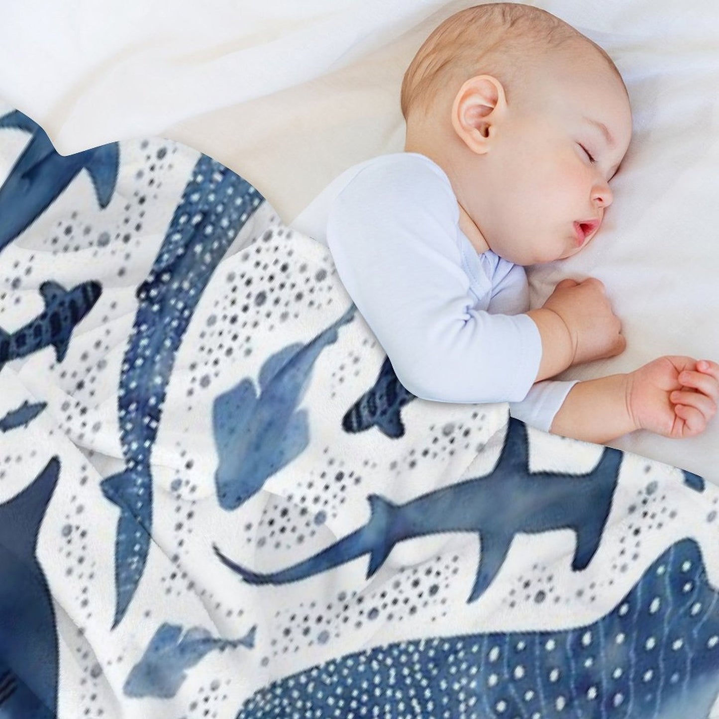 Monochrome Blue Watercolour Shark Ocean on White Throw Blanket