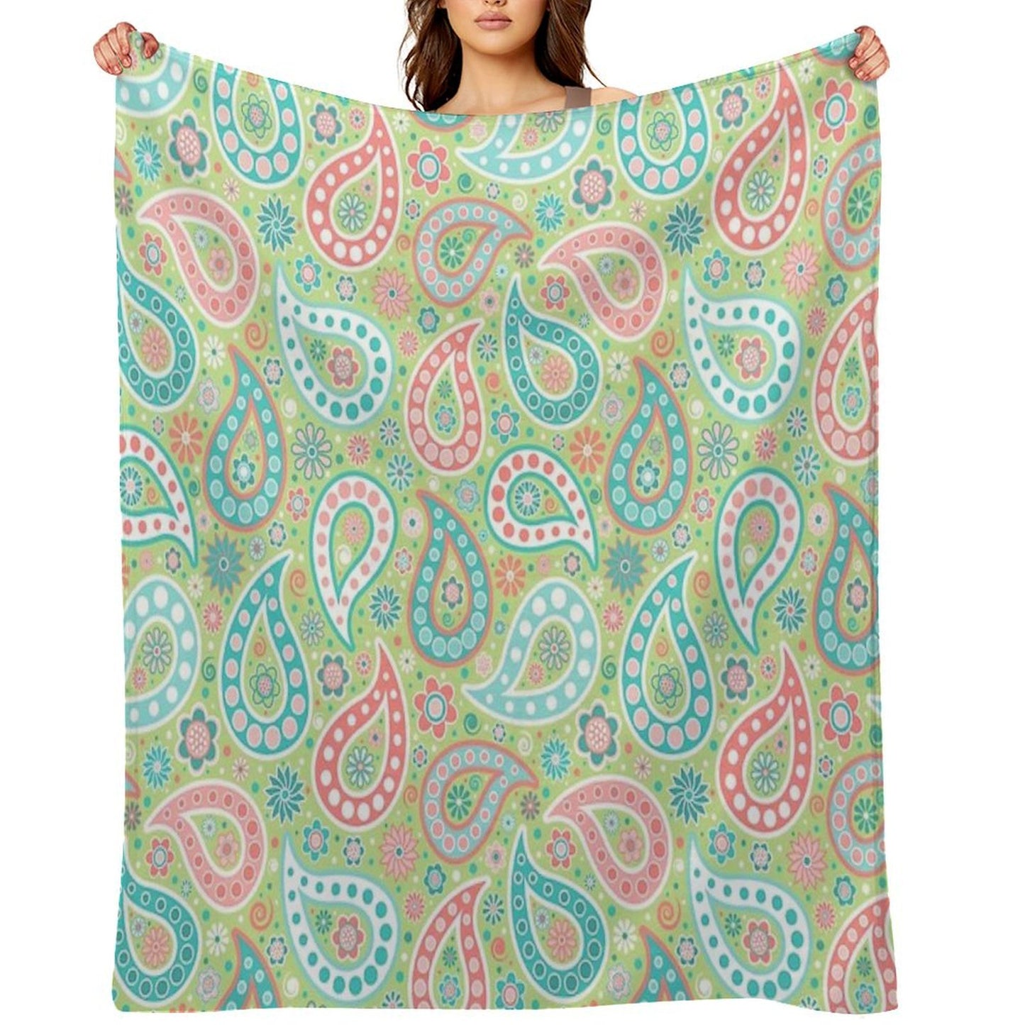 Paisley in Green, Turquoise Blue, Coral Pink And White Throw Blanket